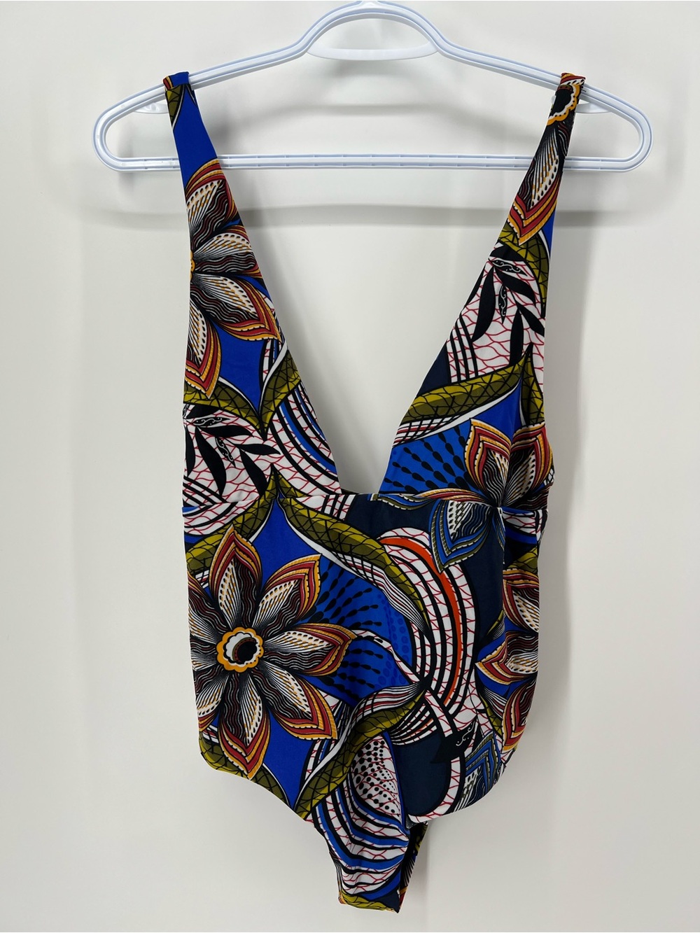 Zara Women’s Medium Blue Floral Tropical Print One Piece Plunge Swimsuit